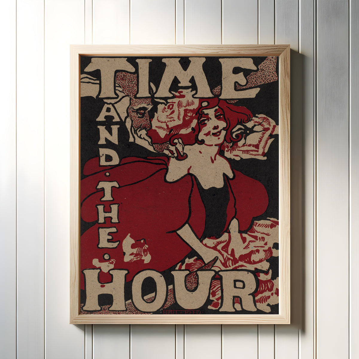 Framed art print of Time and the Hour by Ethel Reed, in a light wood frame on a white panelled wall