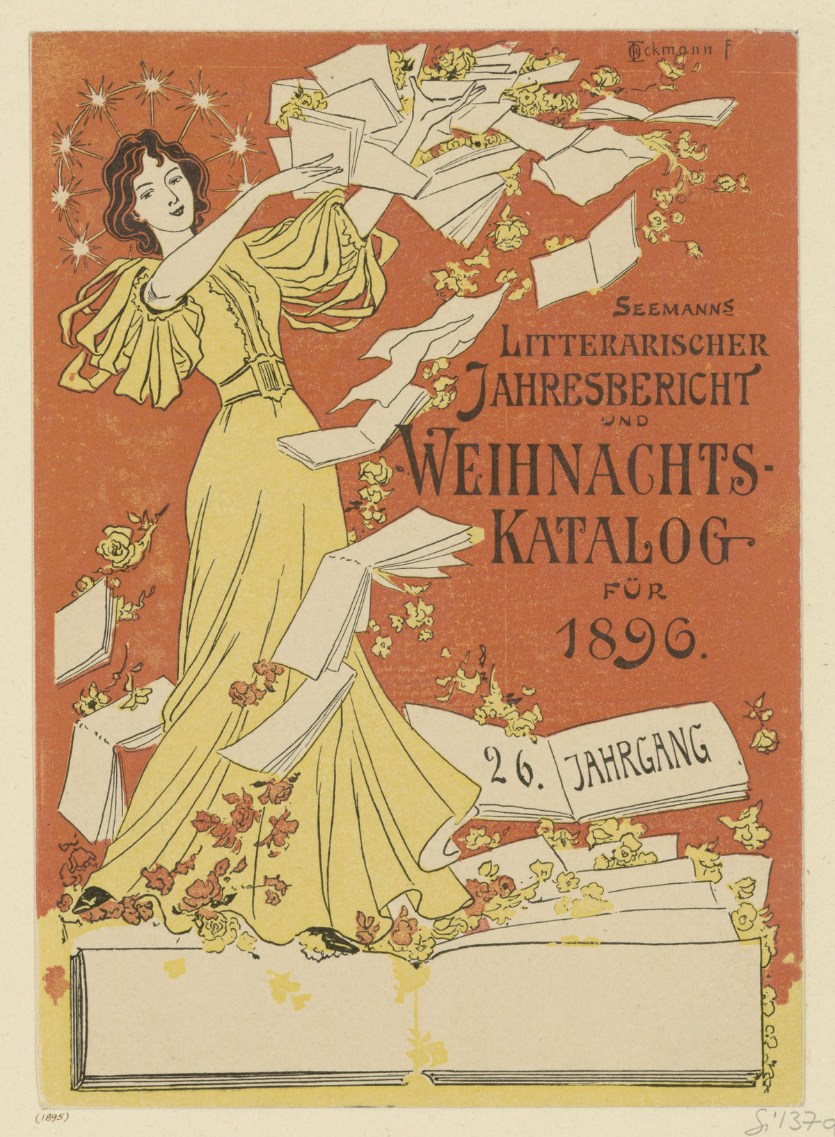 Titel zu Seemann's Literarischer Jahresbericht und Weihnachtskatalog für 1896 by Otto Eckmann — A woman in a yellow gown flings books and blossoms into the air