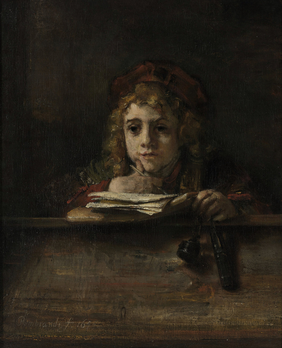 Titus at His Desk by Rembrandt van Rijn — A boy in a red cap rests his chin on his hand at a writing desk
