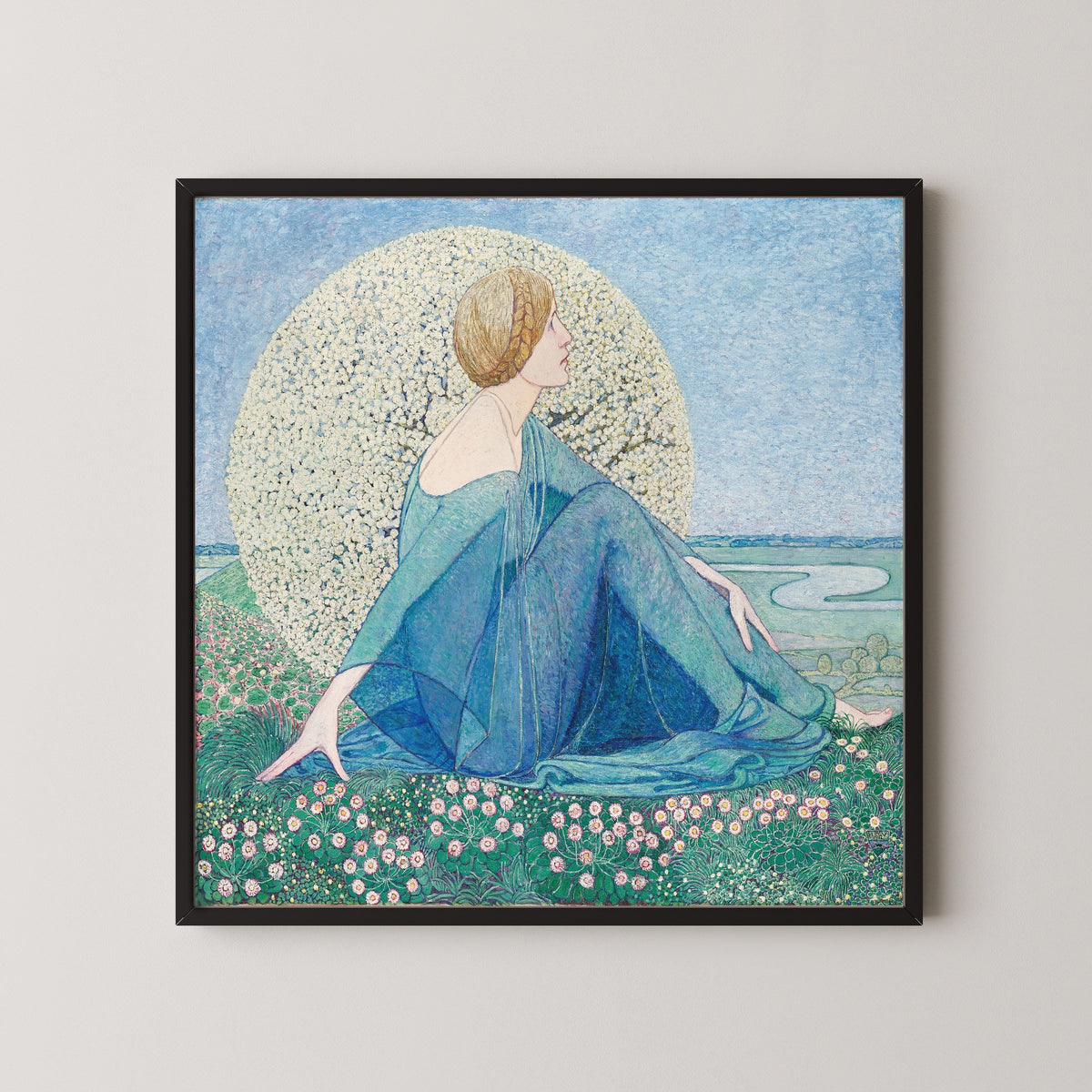 Framed art print of Träume II by Heinrich Vogeler, in a black frame on a pale wall