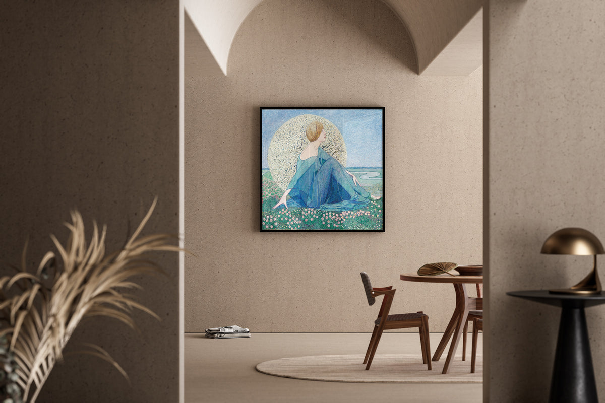 Framed art print of Träume II by Heinrich Vogeler, in a sunlit dining corner