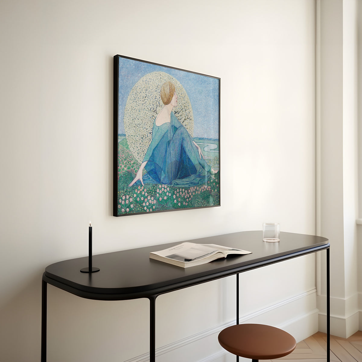 Framed art print of Träume II by Heinrich Vogeler, above a slim black console table
