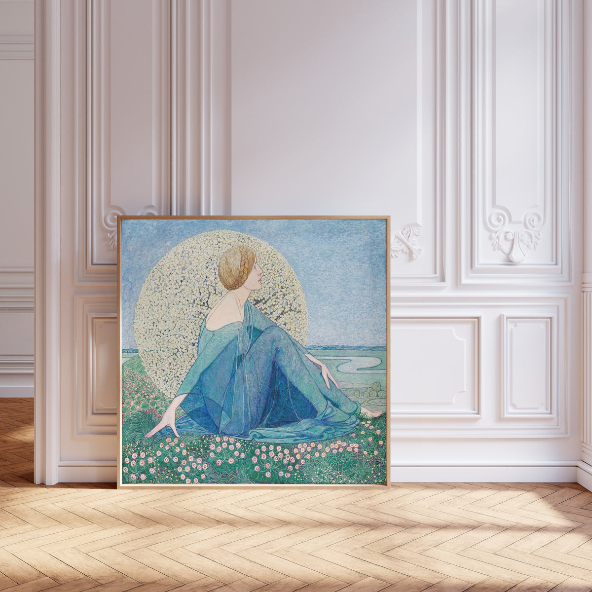 Framed art print of Träume II by Heinrich Vogeler, leaning against pale pink panelling on a herringbone floor