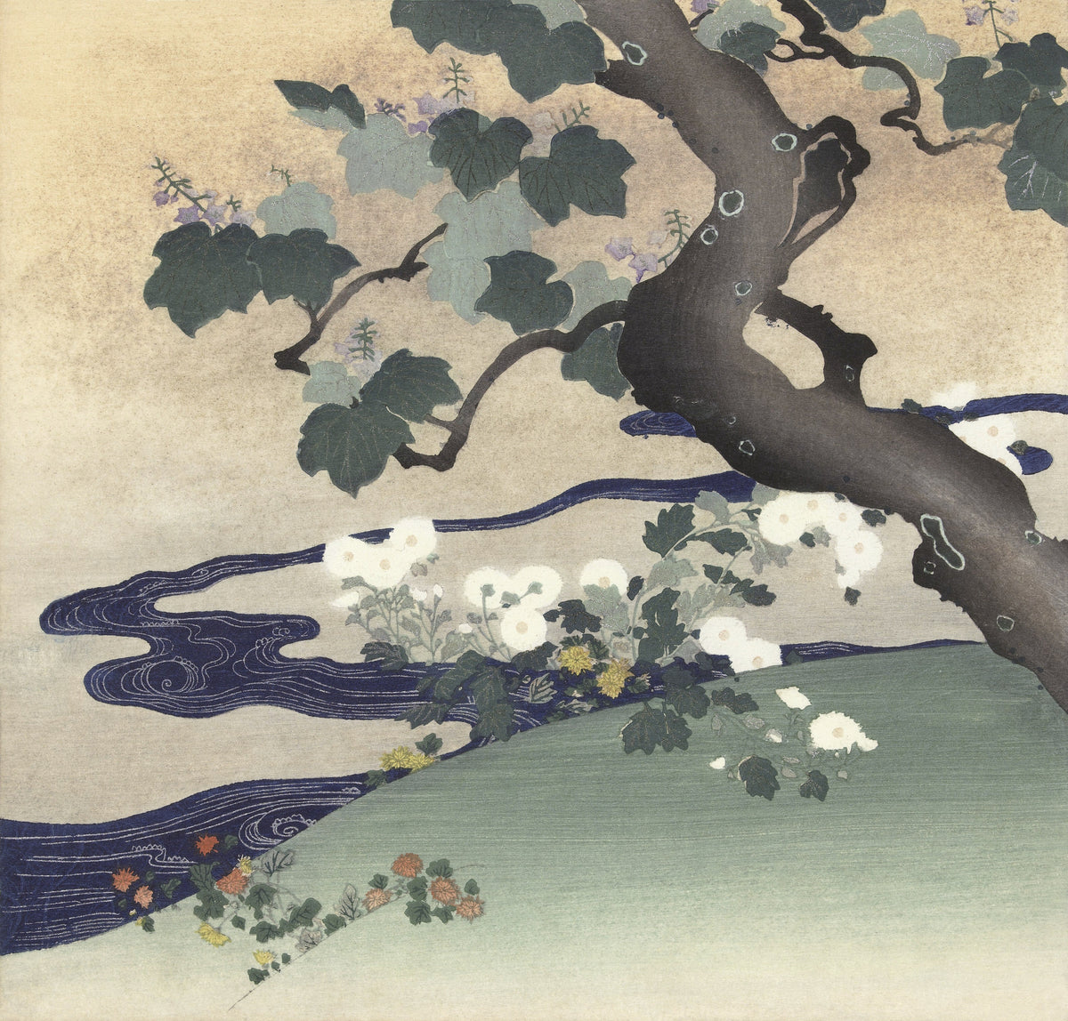 Tsukioka Kōgyo — Tree and Chrysanthemums | Japanese Bird & Flower Woodblock Print