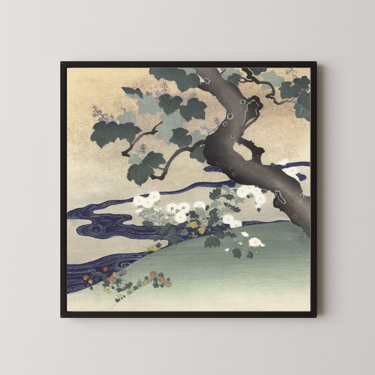 Tsukioka Kōgyo — Tree and Chrysanthemums | Japanese Bird & Flower Woodblock Print