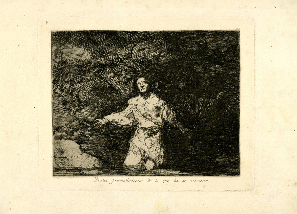 Tristes presentimientos de lo que ha de acontecer (Sad Forebodings of What Is Going to Happen), The Disasters of War, Plate 1 by Francisco de Goya — A kneeling