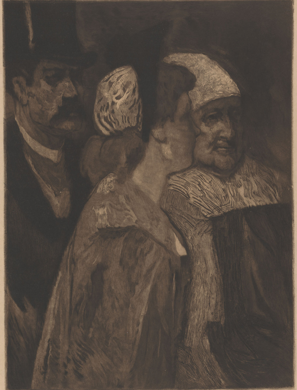Trois contemporains by Félicien Rops — Three faces press together out of a deep sepia dark