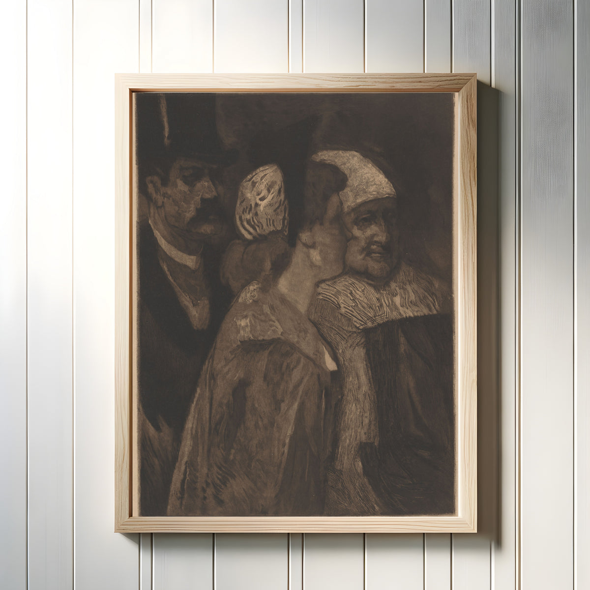 Framed art print of Trois contemporains by Félicien Rops, in a light wood frame on a white panelled wall