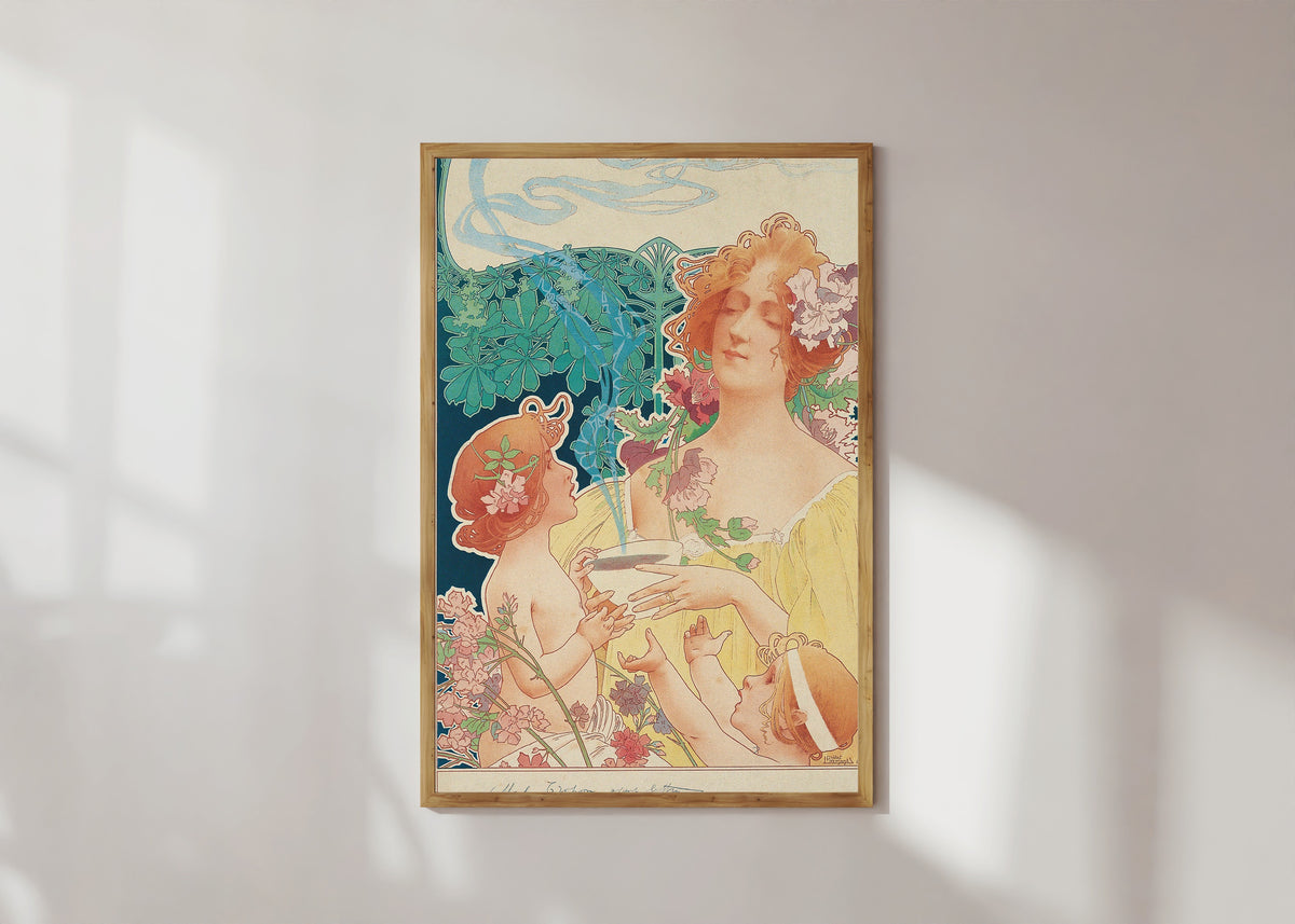 Framed art print of Tropon Chocolat-Cacao (before letters) by Henri Privat-Livemont, in a light wood frame on a sunlit white wall