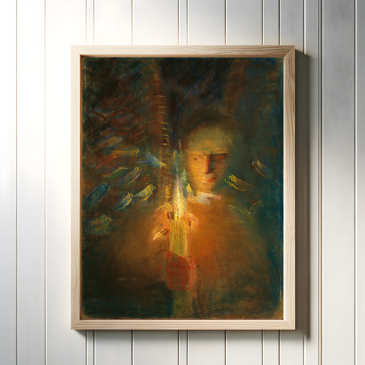 Framed art print of Truth by Mikalojus Konstantinas Čiurlionis, in a light wood frame on a white panelled wall