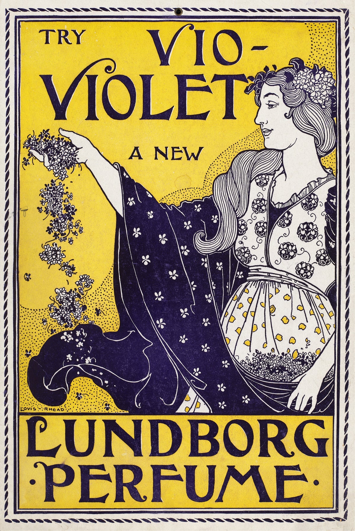 Try Vio-Violet a New Lundborg Perfume by Louis Rhead — A woman scatters violets above bold lettering for a perfume