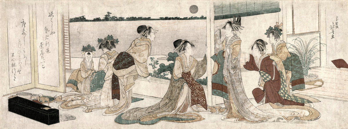 Tsukasa and Other Courtesans of the Ogiya Watching the Autumn Moon Rise Over Rice Fields from a Balcony in the Yoshiwara by Katsushika Hokusai — Courtesans