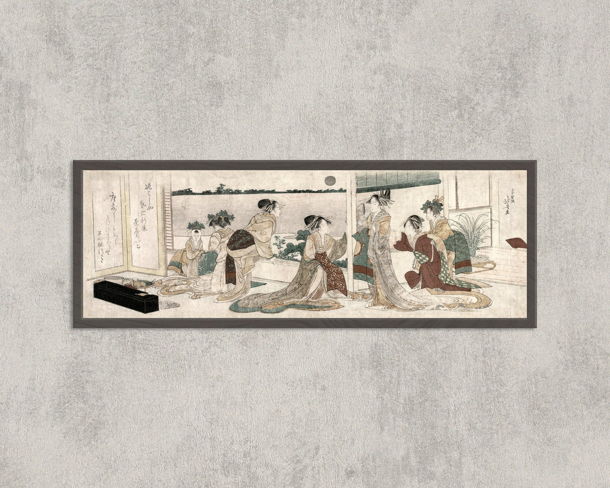 Framed art print of Tsukasa and Other Courtesans of the Ogiya Watching the Autumn Moon Rise Over… by Katsushika Hokusai, in a wide frame on a concrete wall