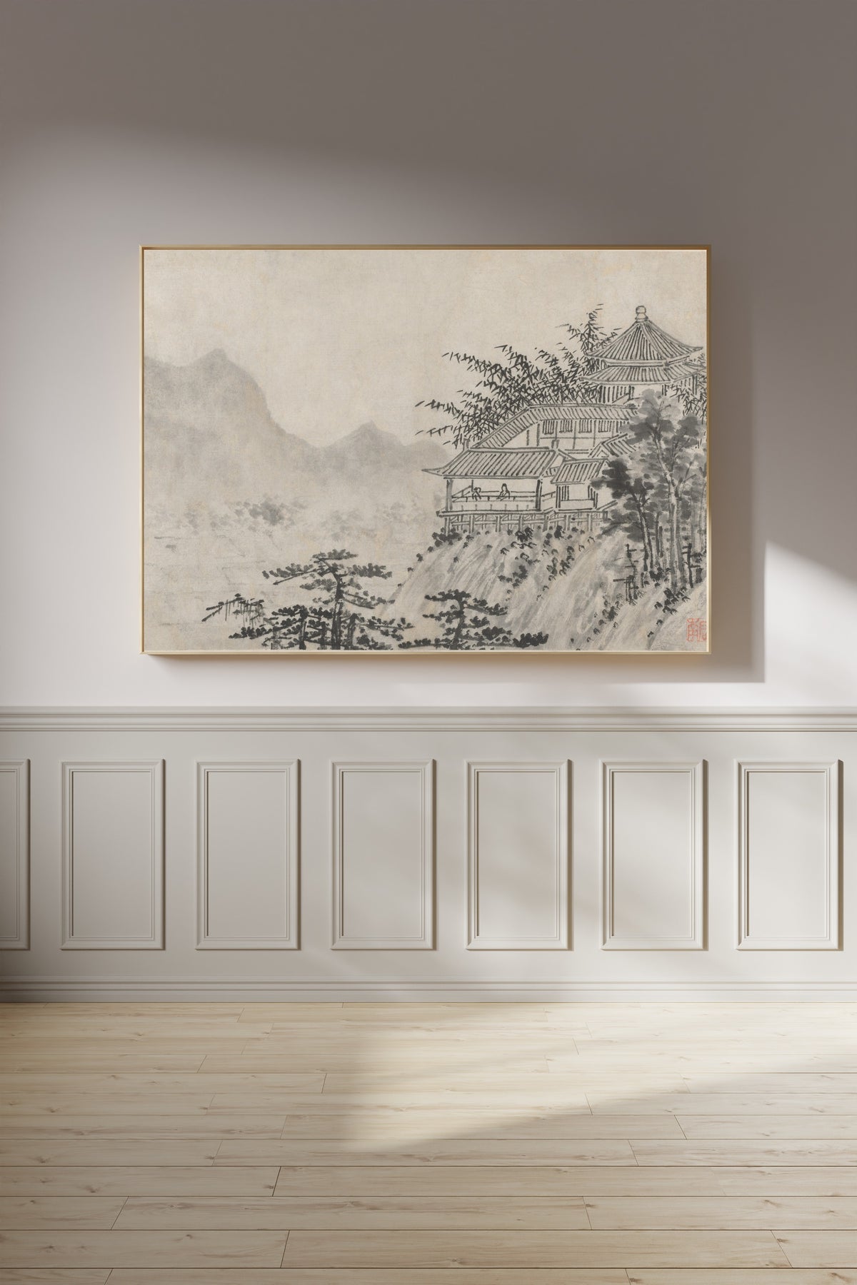 Framed art print of Twelve Views of Tiger Hill: The Thousand Acres of Clouds by Shen Zhou, on a panelled wall in afternoon light
