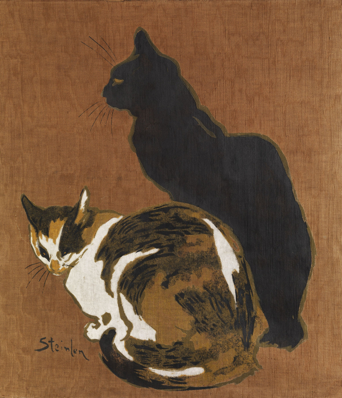 Two Cats by Théophile Steinlen — A black cat sits tall behind a calico curled on rust-brown cloth