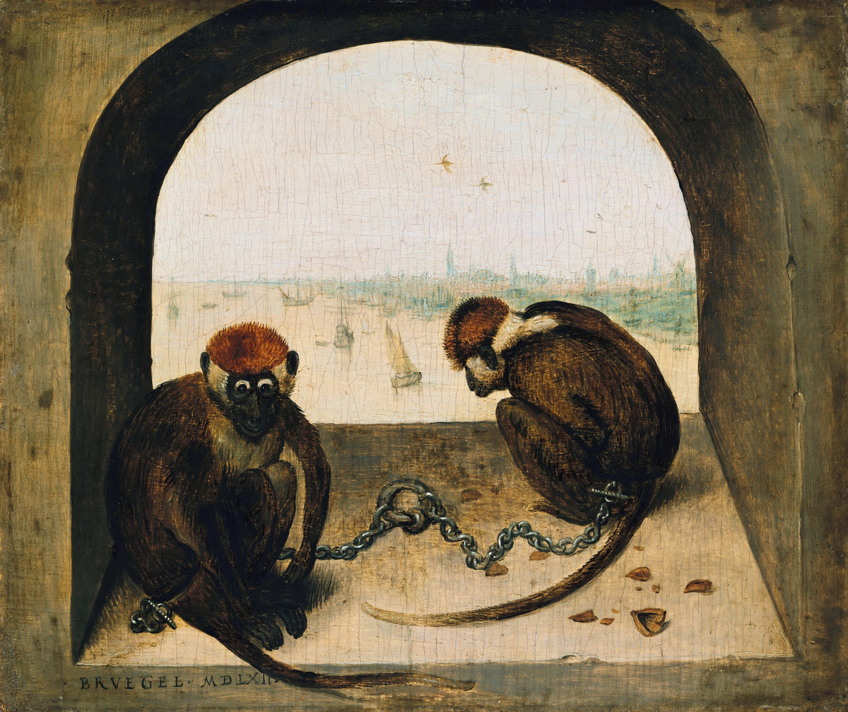 Two Chained Monkeys by Pieter Bruegel the Elder — Two chained monkeys on a sill above a wide river with boats