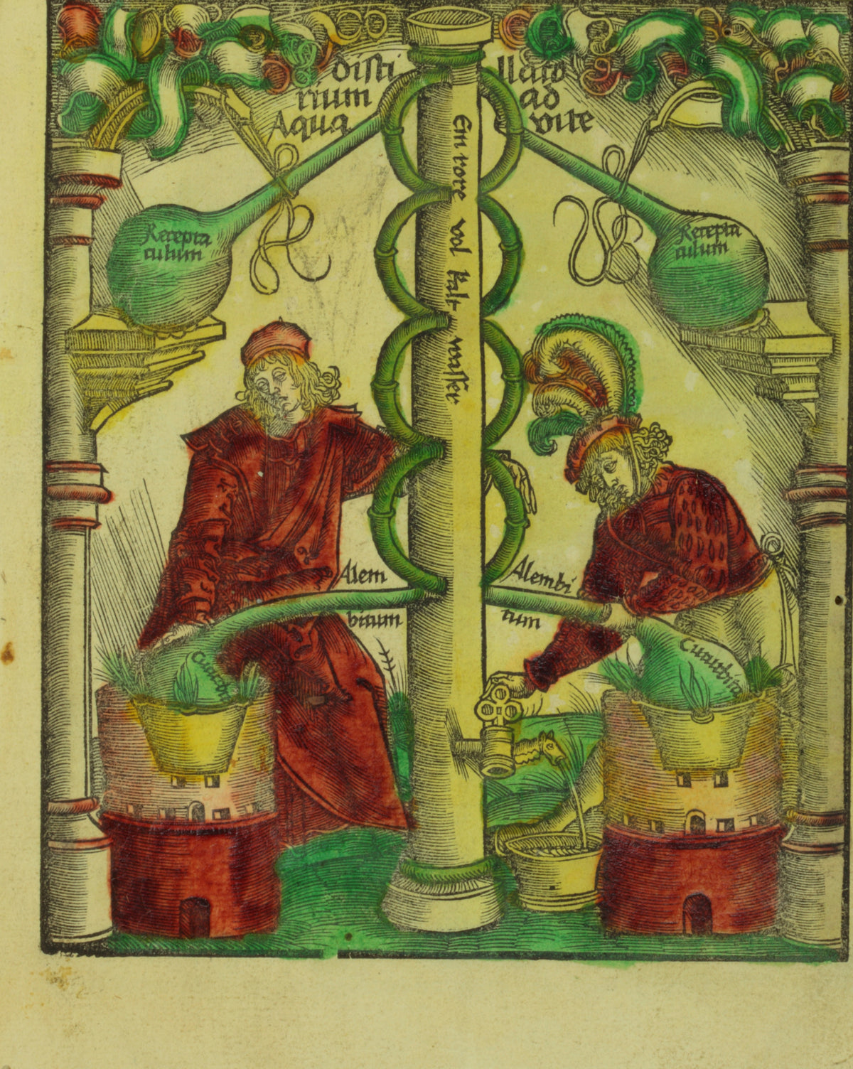 Two Distillers at the Twin Column (Liber de arte distillandi, title page) by Hieronymus Brunschwig — Two distillers tend twin furnaces by a column wound with