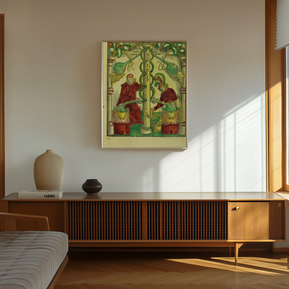 Framed art print of Two Distillers at the Twin Column (Liber de arte… by Hieronymus Brunschwig, in a thin light frame on a sunlit wall above a wooden sideboard