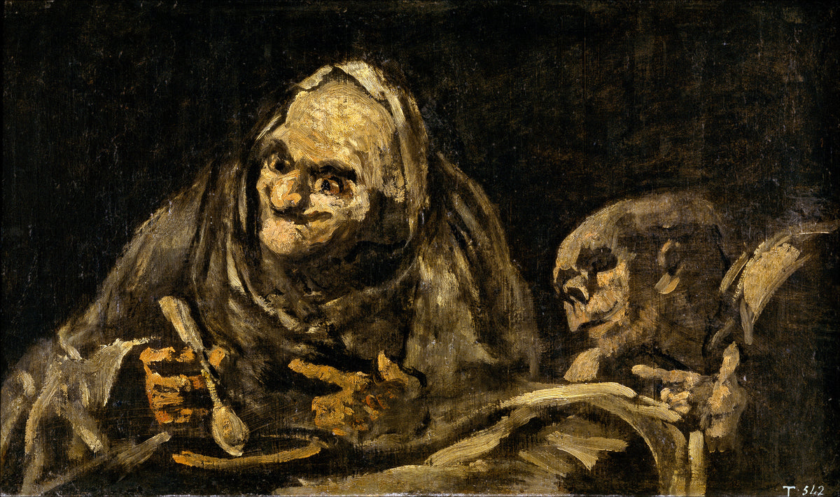Two Old Men Eating Soup by Francisco de Goya — A hooded old man grins over his soup beside a skull-like companion