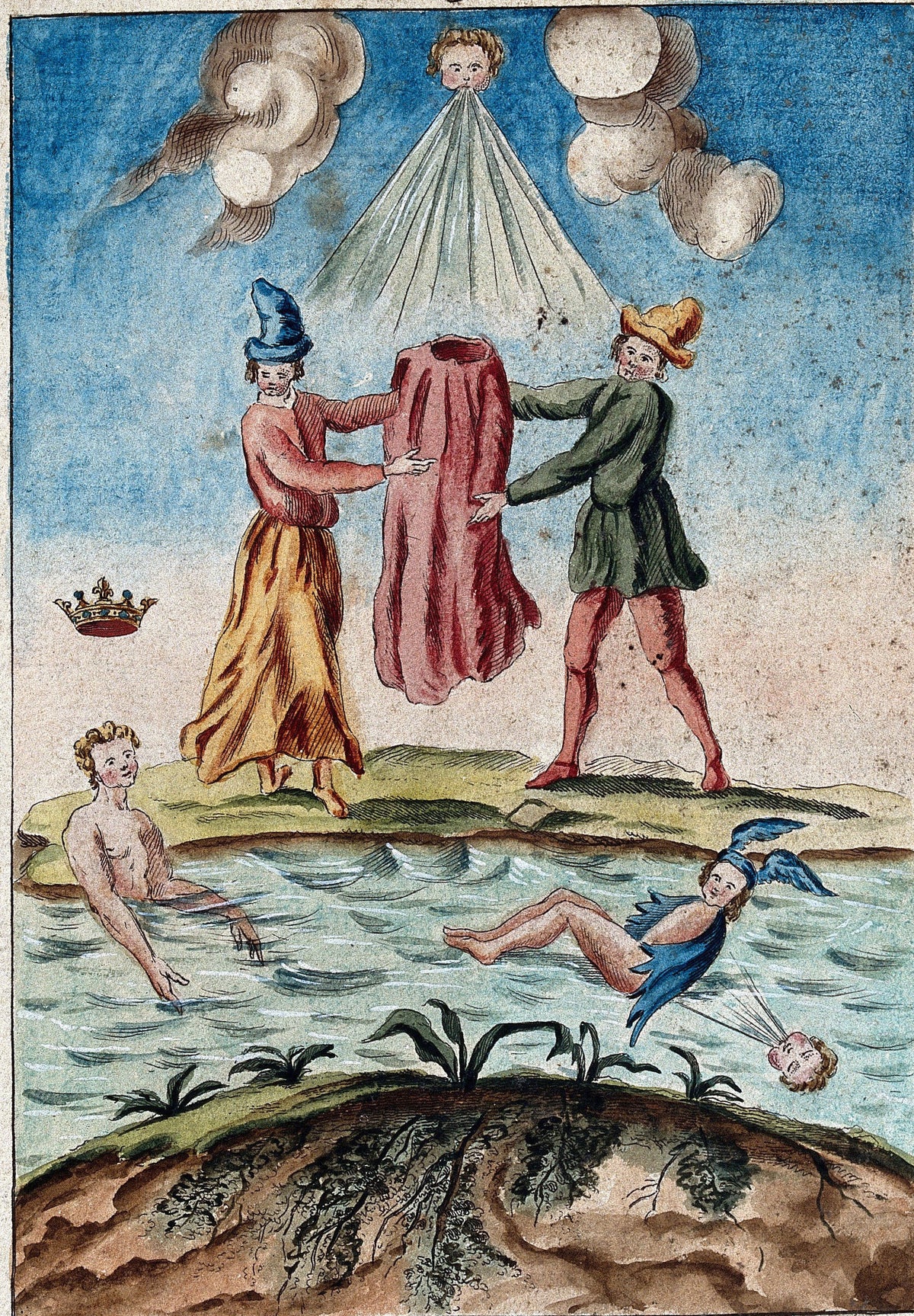 Two Peasants Holding a Red Robe, with Mercury Resting on Water by After Nicolas Flamel — Two men hold a red robe above a swimmer and a winged-capped Mercury