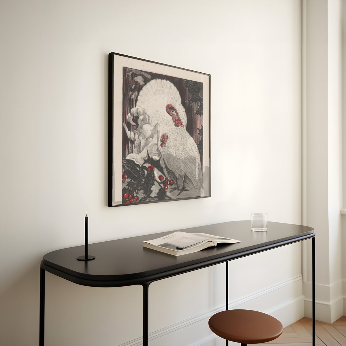 Theo van Hoytema — Two White Turkeys with Holly Branches in the Snow | Art Nouveau Print