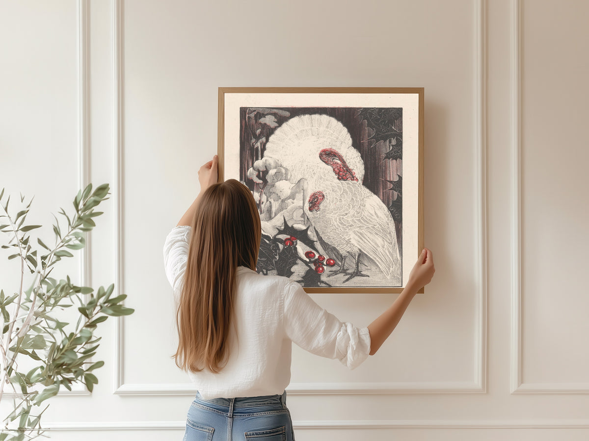 Theo van Hoytema — Two White Turkeys with Holly Branches in the Snow | Art Nouveau Print