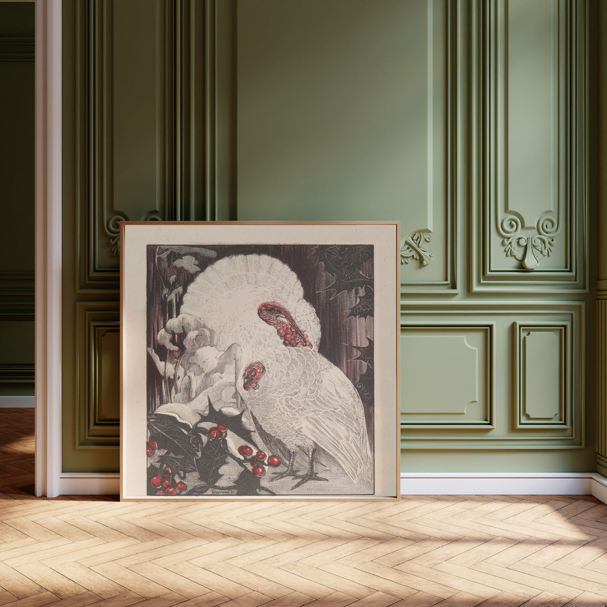 Theo van Hoytema — Two White Turkeys with Holly Branches in the Snow | Art Nouveau Print
