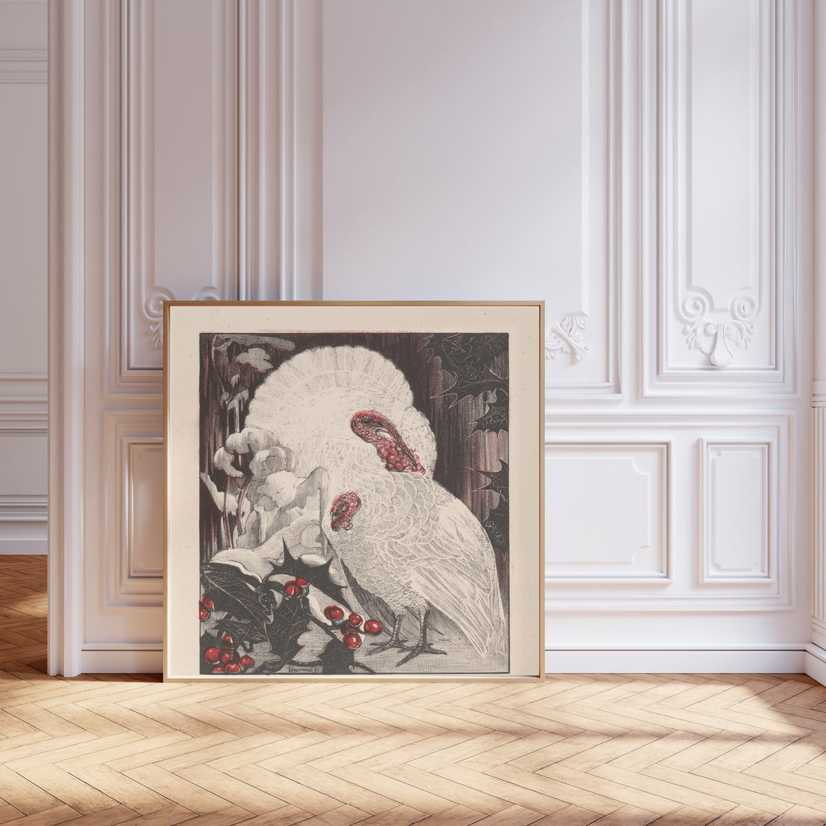 Theo van Hoytema — Two White Turkeys with Holly Branches in the Snow | Art Nouveau Print