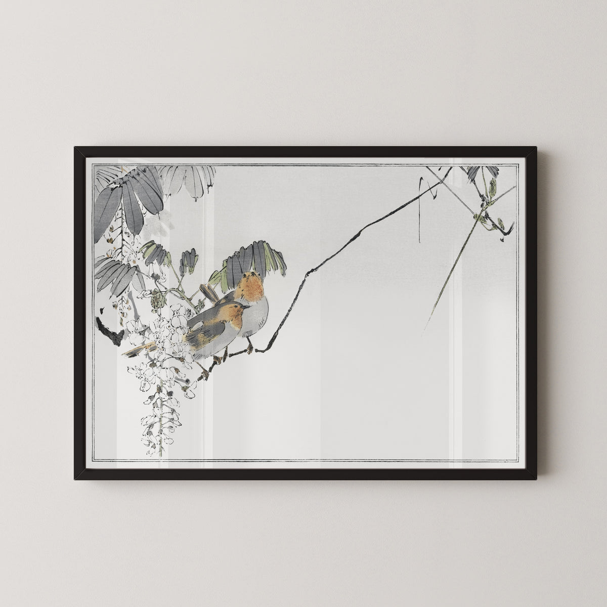 Watanabe Seitei — Two Birds and White Wisteria | Japanese Bird & Flower Woodblock Print