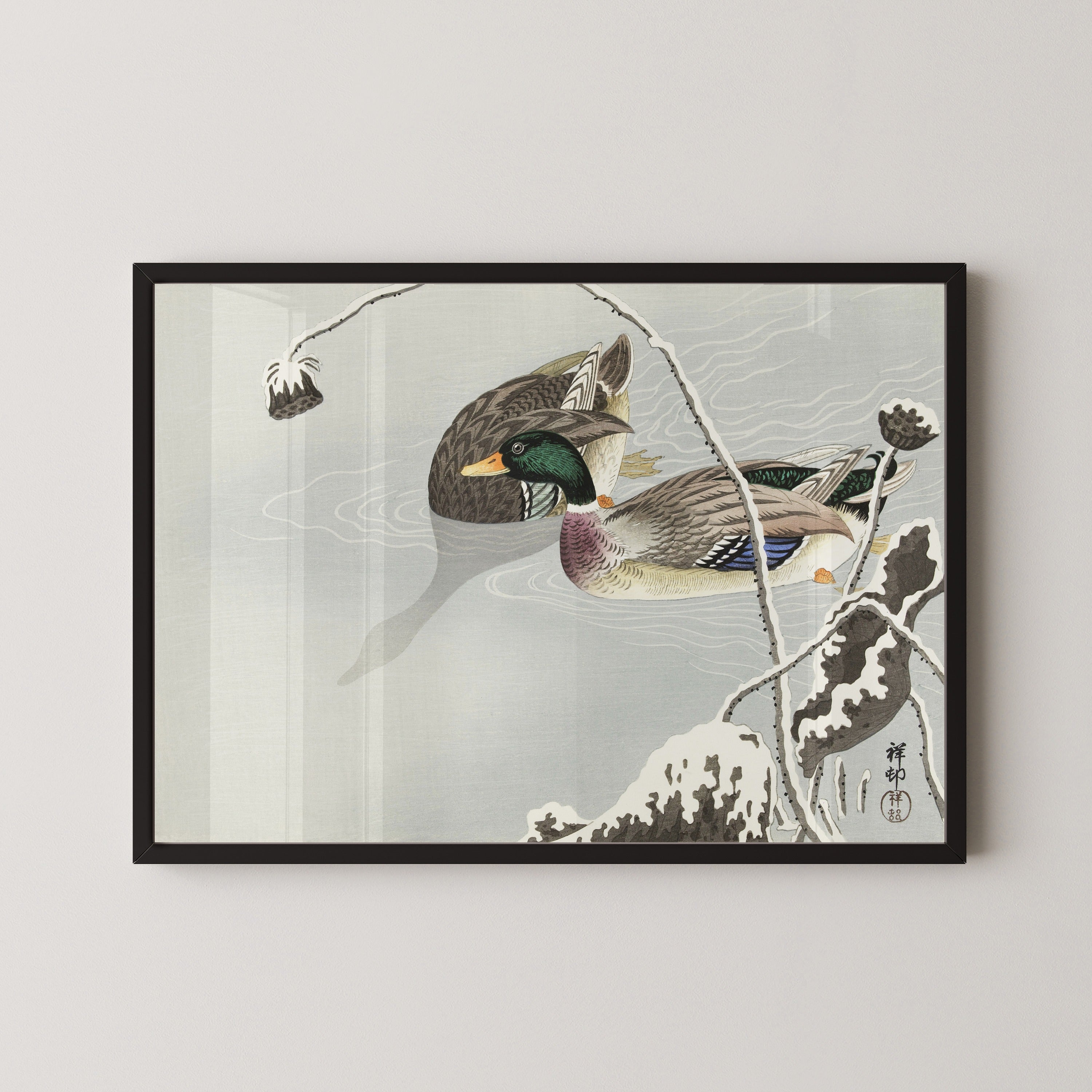 Ohara Koson — Two Mallards near a Snow-Covered Lotus | Japanese Bird & Flower Woodblock Print