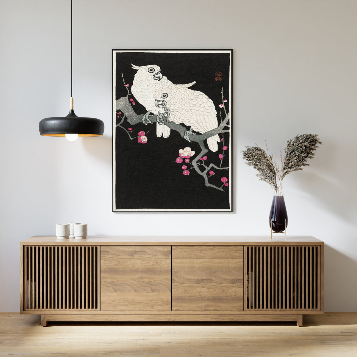 Ohara Koson — Two Cockatoos and Plum Blossom | Japanese Bird & Flower Woodblock Print