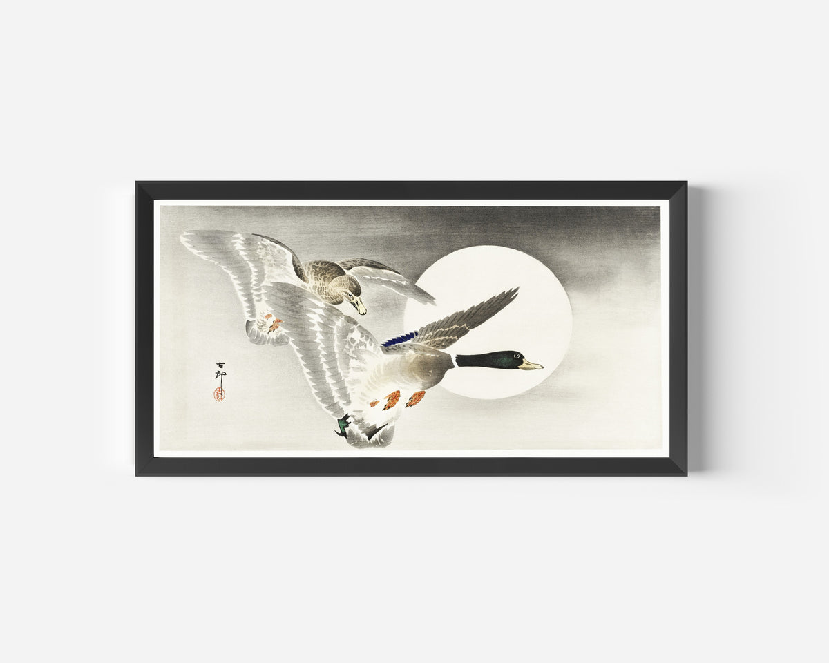 Ohara Koson — Two Ducks at Full Moon | Japanese Bird & Flower Woodblock Print
