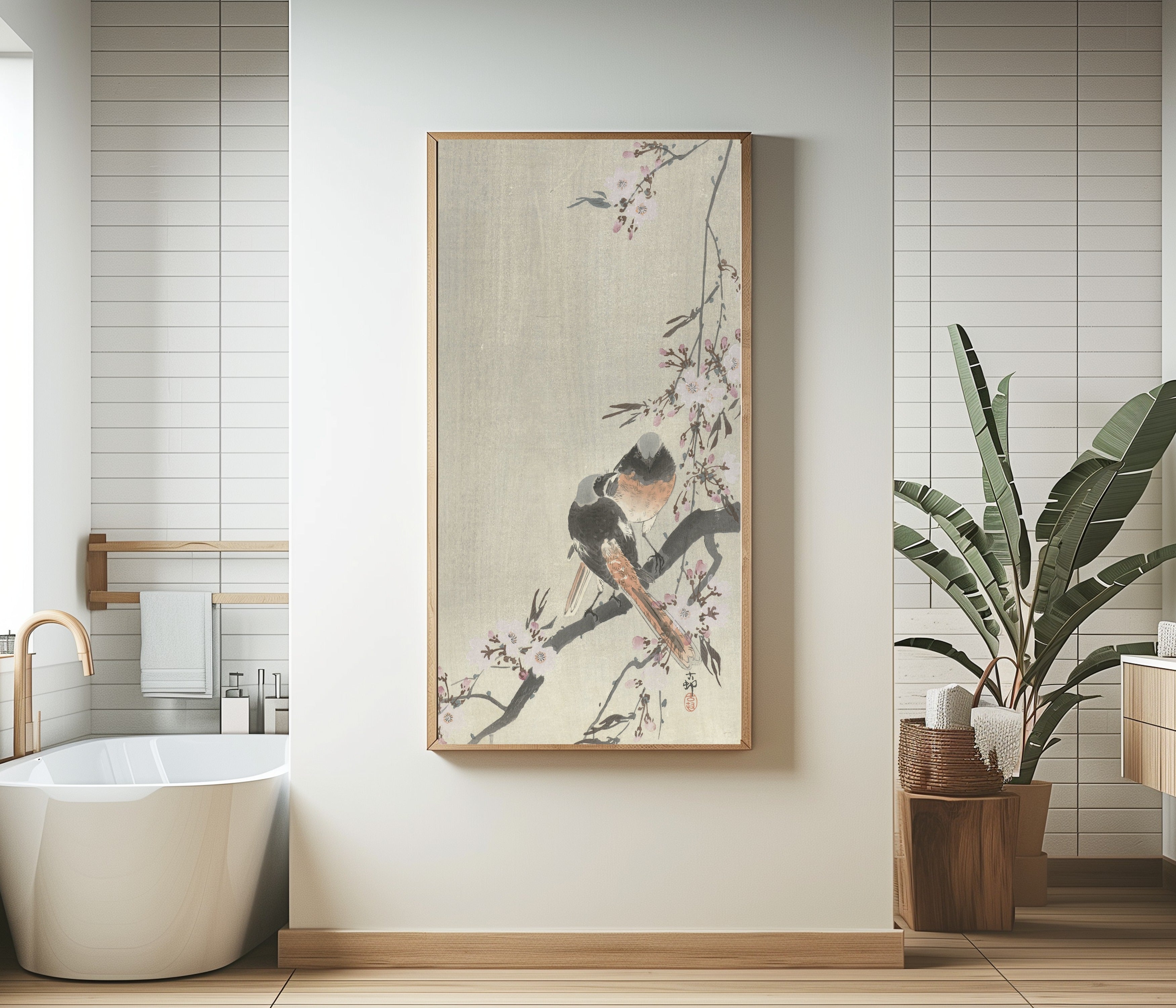 Ohara Koson — Two Redstarts with Cherry Blossom | Japanese Bird & Flower Woodblock Print