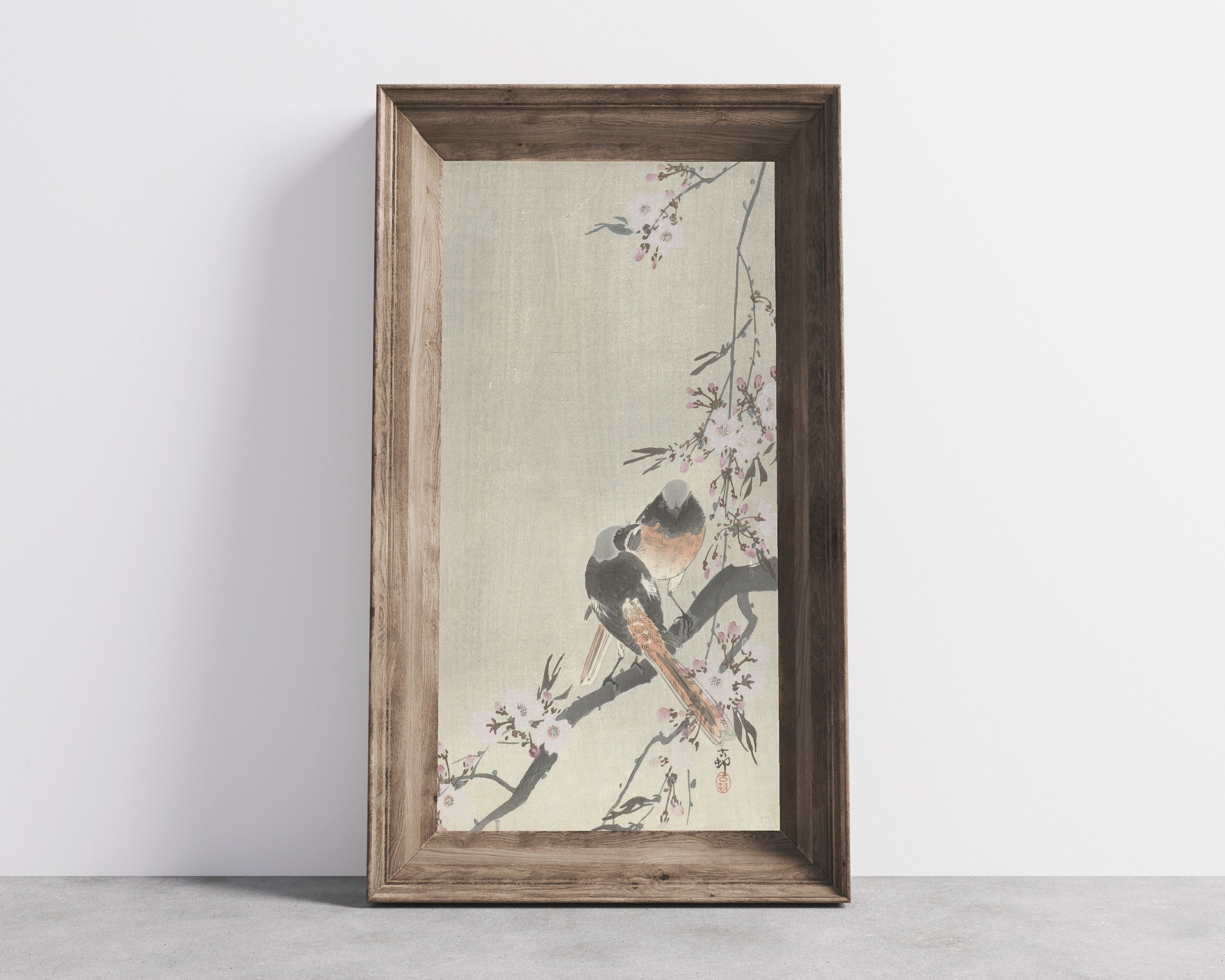 Ohara Koson — Two Redstarts with Cherry Blossom | Japanese Bird & Flower Woodblock Print