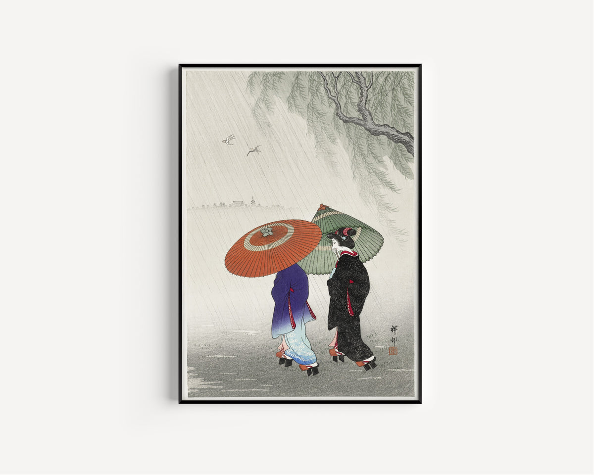 Ohara Koson — Two Women in the Rain | Japanese Woodblock Print (Shin Hanga)