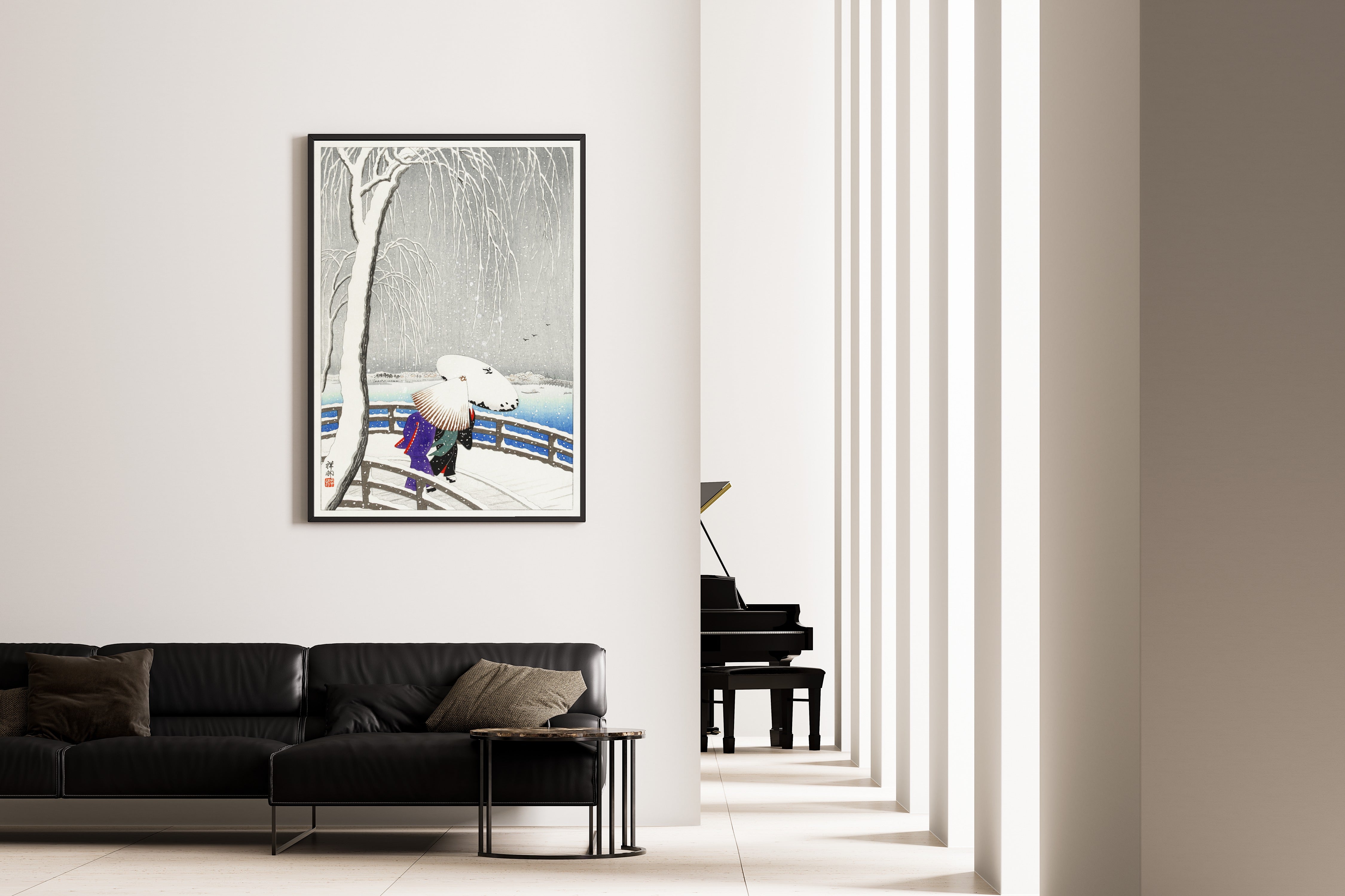 Ohara Koson — Two women in the snow on Yanagi Bridge | Japanese Bird & Flower Woodblock Print