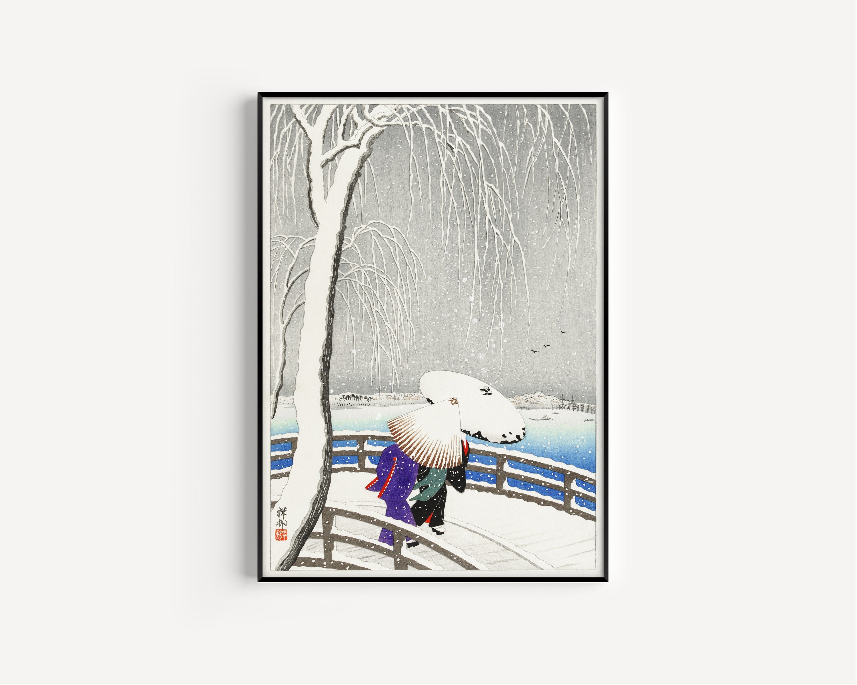 Ohara Koson — Two women in the snow on Yanagi Bridge | Japanese Bird & Flower Woodblock Print