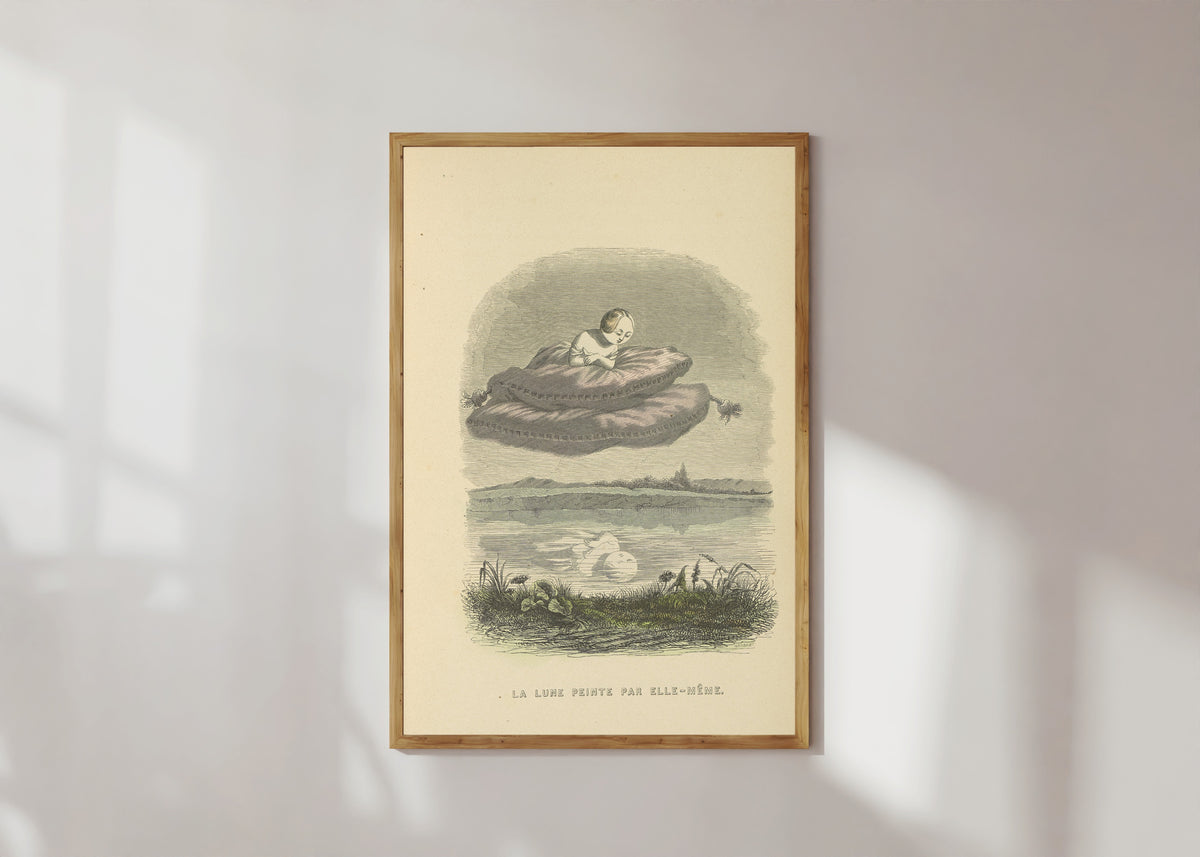Framed art print of Un autre monde: The Moon Painted by Herself by J. J. Grandville, in a light wood frame on a sunlit white wall