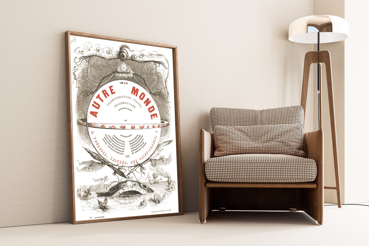 Un autre monde (title page) by J. J. Grandville — framed and leaning against a wall beside an armchair and a floor lamp