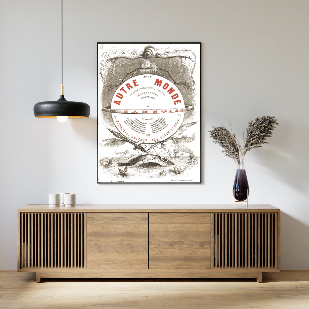 Un autre monde (title page) by J. J. Grandville — framed above a slatted wood sideboard