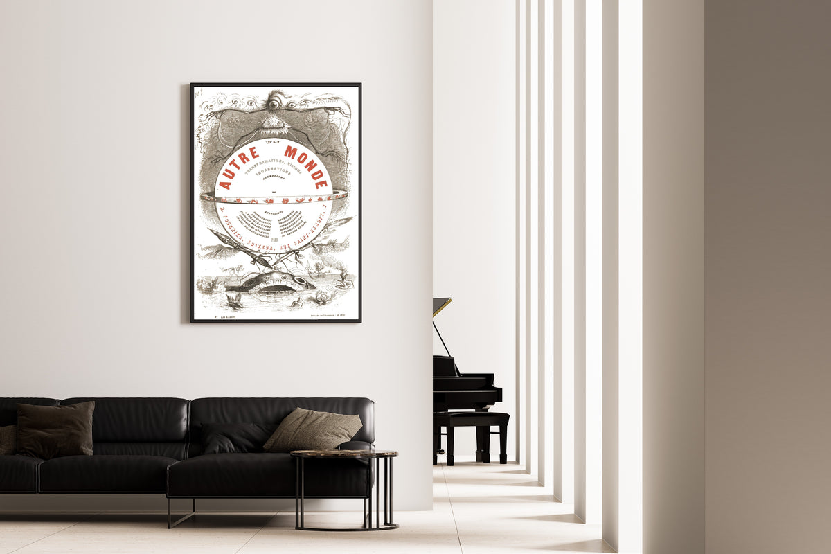 Un autre monde (title page) by J. J. Grandville — framed on the wall of a minimal living room