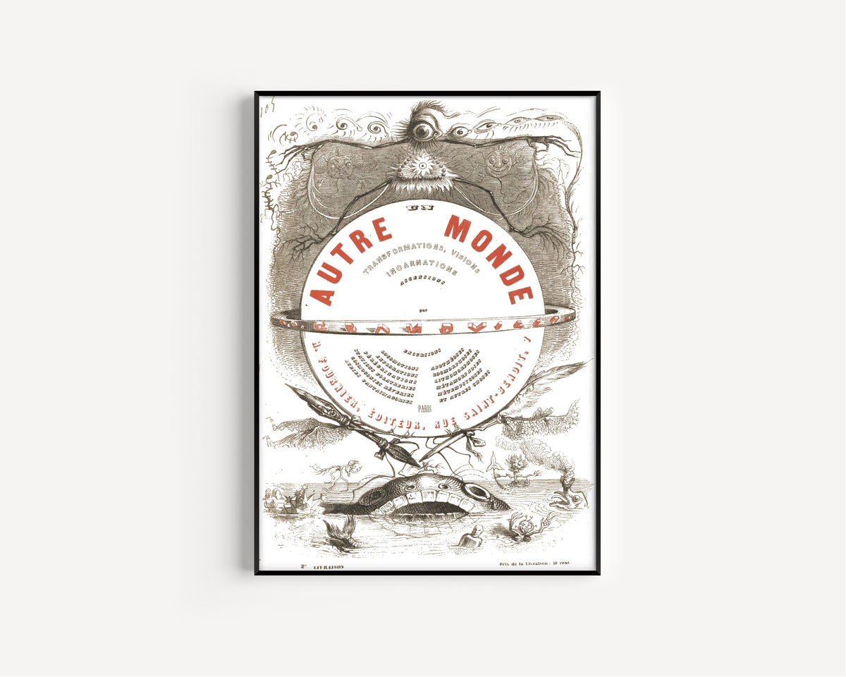 Un autre monde (title page) by J. J. Grandville — in a slim black frame on a plain white wall