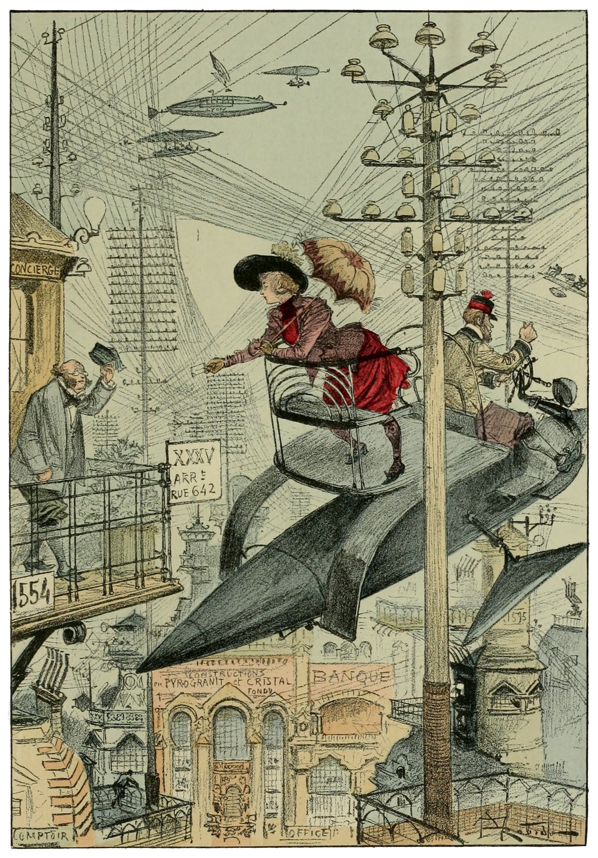 Un quartier embrouillé by Albert Robida — A flying machine pulls up at a balcony in a city strung with wires