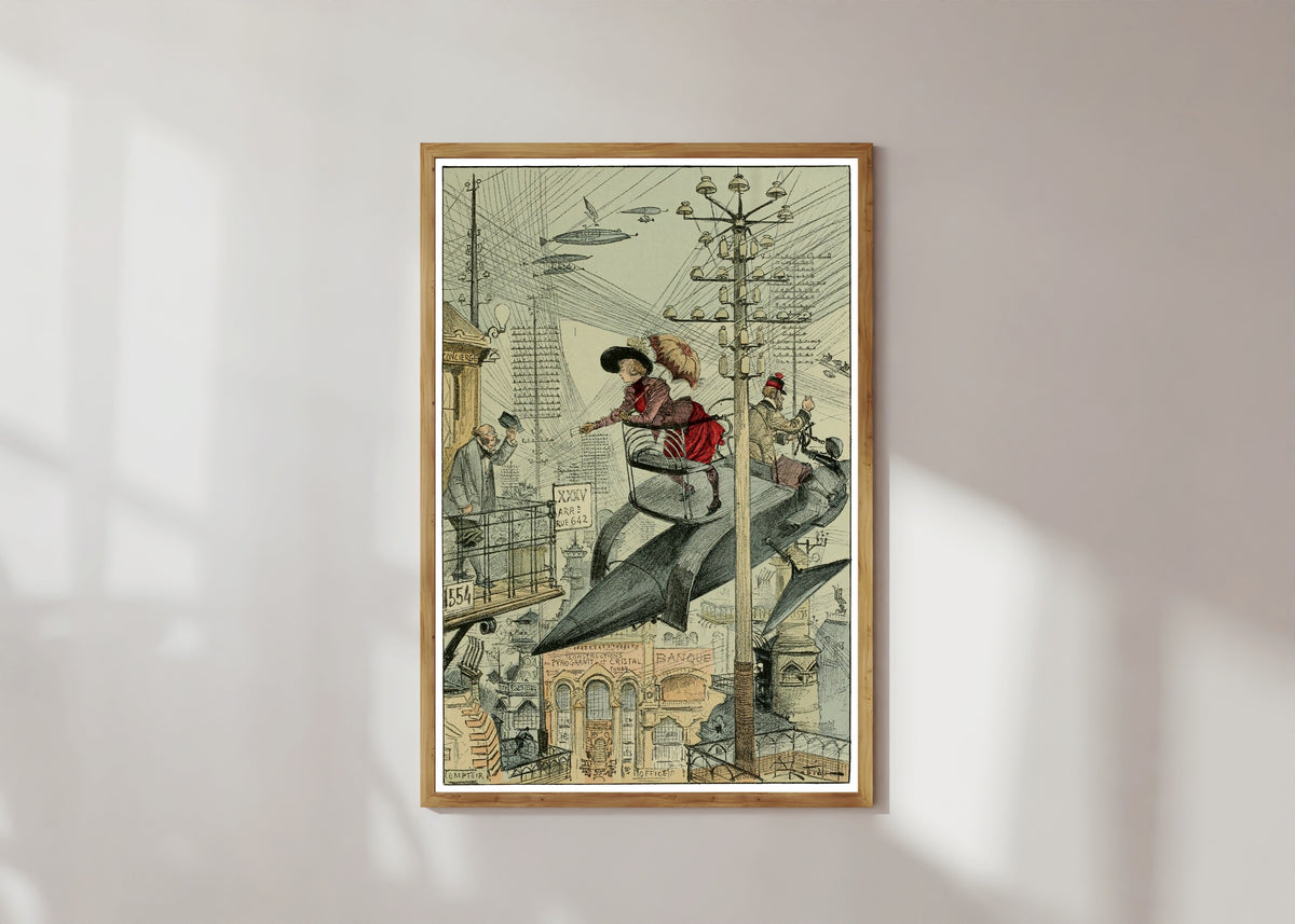 Framed art print of Un quartier embrouillé by Albert Robida, in a light wood frame on a sunlit white wall
