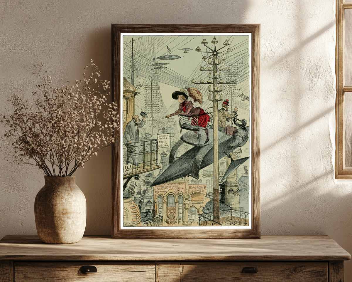 Framed art print of Un quartier embrouillé by Albert Robida, in a dark wood frame leaning on a rustic console beside dried flowers