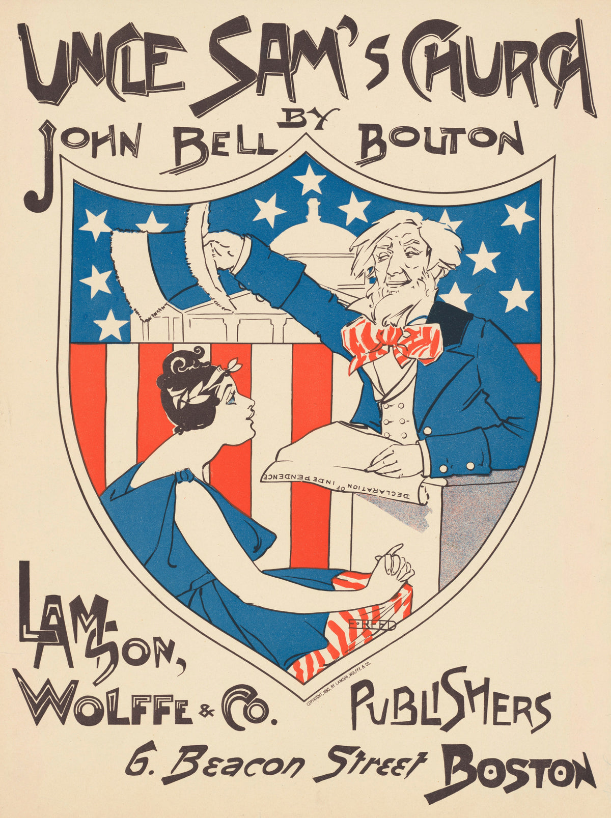 Uncle Sam's Church by Ethel Reed — Uncle Sam pulls back a drape beside a laurelled woman