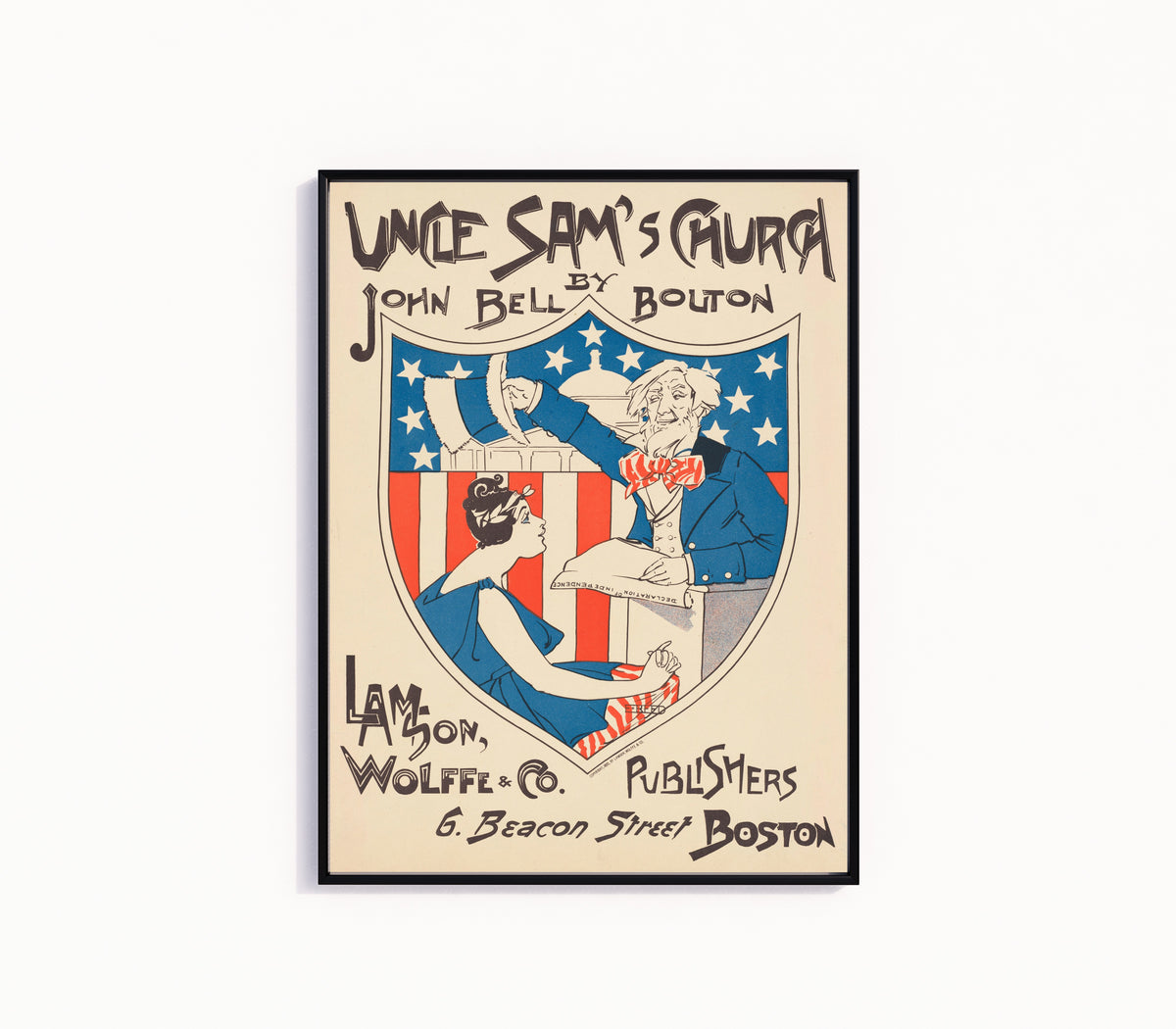 Framed art print of Uncle Sam's Church by Ethel Reed, in a slim black frame on a plain white wall