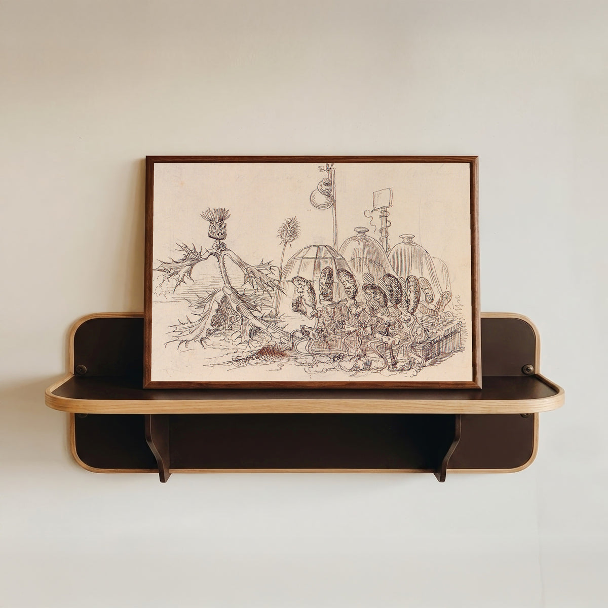 Framed art print of Une revolution vegetale by J. J. Grandville, in a dark wood frame resting on a wall shelf