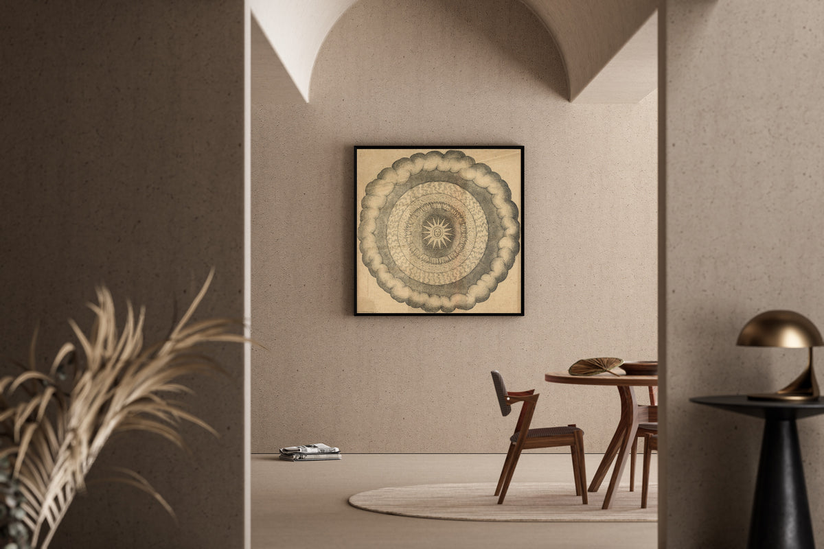 Framed art print of Utriusque Cosmi, the Primordial Plate on Page 43 by Robert Fludd, in a sunlit dining corner