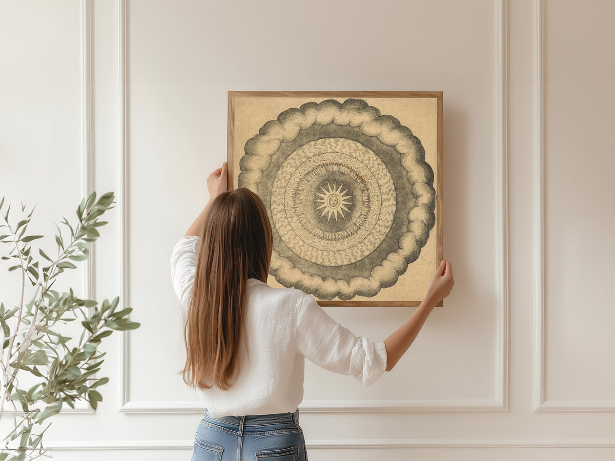 Framed art print of Utriusque Cosmi, the Primordial Plate on Page 43 by Robert Fludd, hung on a panelled wall